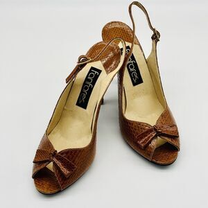 Women's Slingback Heels Shoes Size 6 Fanfares Tan Leather 3.5 in Heel Peep Toe